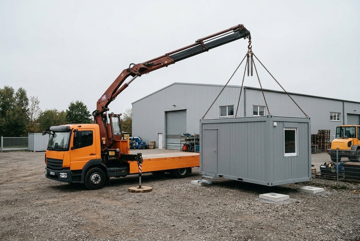 Gestapelte Container, ein Container wird per Kran abgesetzt